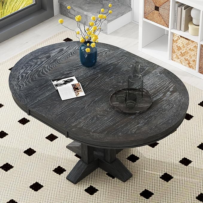 Need Extendable Farmhouse Round Dining Table, 48-60 Inch Pedestal Base Kitchen Table for Small Spaces & Dining Rooms (Black Finish)