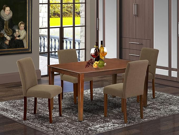 East West Furniture CAAB5-MAH-18 5 Piece Modern Dining Table Set Includes a Rectangle Wooden Table and 4 Coffee Linen Fabric Upholstered Parson Chairs, 36x60 Inch, Mahogany