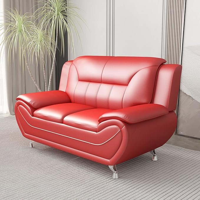 Container Furniture Direct Michael Modern Faux Leather Upholstered Stainless Steel Legs Living Room Loveseat, Red