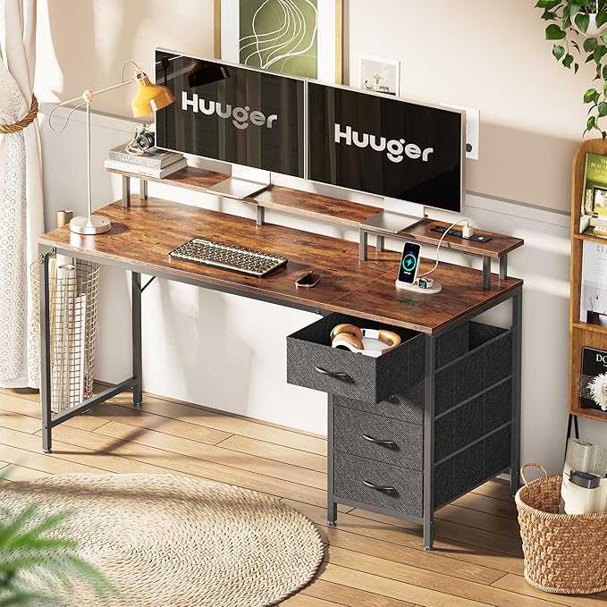 Huuger 55 Inch Computer Desk with Power Outlets and LED Lights, Gaming Desk with 4 Drawers, Office Desk with Monitor Stand, Study Work Home Office, Rustic Brown