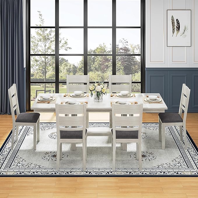 7-Piece Solid Wood Dining Table Set for 6, Extendable Table with 6 Chairs – Easy Assembly for Indoor Use, Kitchen, Dining Room, Grey