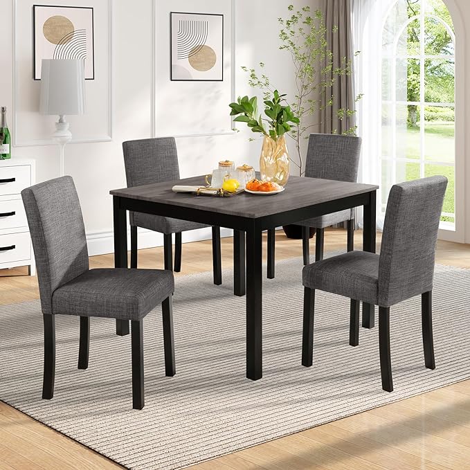 KEIKI 5-Piece Standard Height Dining Table Set with Square Table and 4 Upholstered Curved Backrset Chair, for 4 Person, Modern Wooden Table Set, Easy Assembly, for Kitchen, Dining Room, Black+Gray