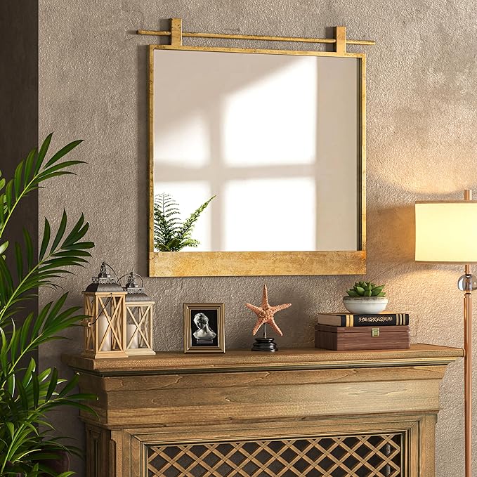 24x24 Inch Square Bathroom Vanity Mirror for Wall Mounted Over Sink Farmhouse Rustic Matte Brushed Gold Barn Door Mirrors Foyer Entryway Decor