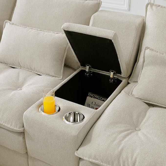 130" U-Shaped Sectional Sofa with Storage Console & Cup Holders, Upholstered 6 Seat Living Room Sleeper Couch Furniture Set w/Chaise, Cloud Cushion Couch for Home, Office, Apartment,Beige