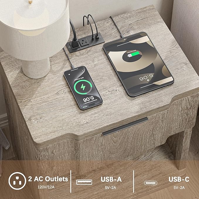 Night Stand with Charging Station, Wooden Mid Century Modern Nightstand with Drawer, Bed Side Table with Storage, Large Rustic Farmhouse End Tables for Bedroom Living Room Office