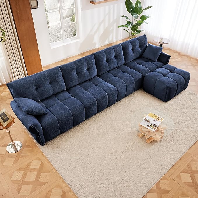 Modern Chenille Fabric 4-Seat Sofa w/Ottoman+2 Pillows, Premium Upholstery Living Room Couch with Tufted Backrest & Comfortable Armrests and High-Resilience Memory Foam Cushions,Blue