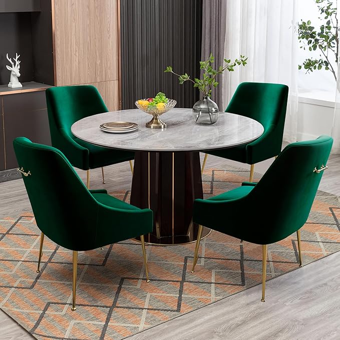 Modern Velvet Dining Chairs Set of 6, Contemporary Upholstered Furniture Collection with Polished Gold Metal Legs, Elegant Accent Chairs for Kitchen Living Room(Green)