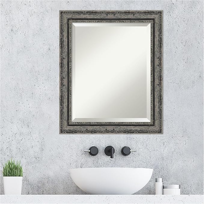 Amanti Art Bathroom Mirror for Over Sink, 25x21 Filigree Matte Black Rectangle Vanity Mirror, Small Traditional Frame, Hangs Horizonally and Vertically, Bathroom Wall Decor, Beveled Edge