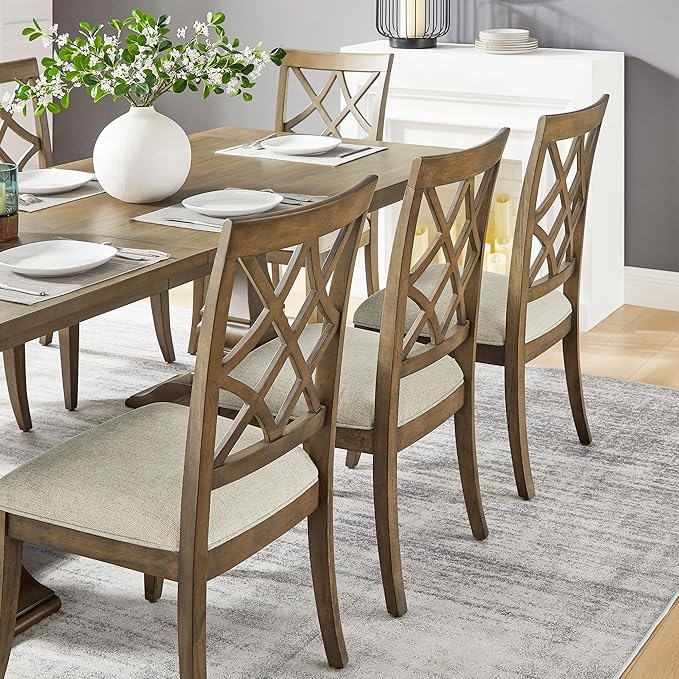 KEIKI Retro 7-Piece Wooden Dining Table Set for 6 Person, Vintage Table Set with Extendable Rectangular MDF Wood Grain Table and 6 Upholstered Chair, Easy Assembly, for Kitchen, Dining Room, White Oak