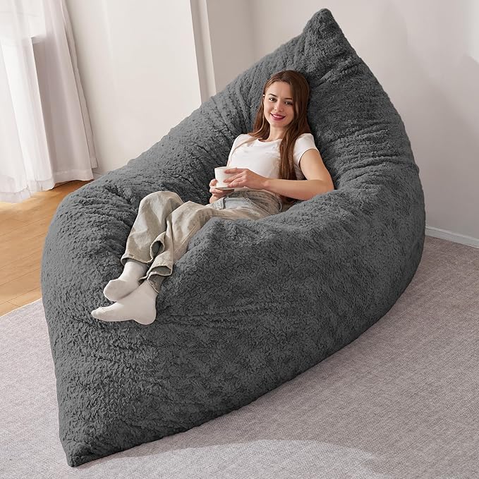 HABUTWAY 4 in 1 Bean Bag Chair, Giant Memory Foam Filling Bean Bag Sofa, Adult Bean Bag Chair, Machine Washable Faux Fur Cover, Bean Bag for Adult (Grey)