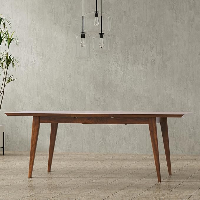 SIMPLIHOME Draper Extendable Dining Table, Solid Wood Walnut Veneer in Walnut, 66-84 x 40 inches, Mid-Century Modern-Style Rectangular Expandable Kitchen Table with Butterfly Leaf for 6+ People