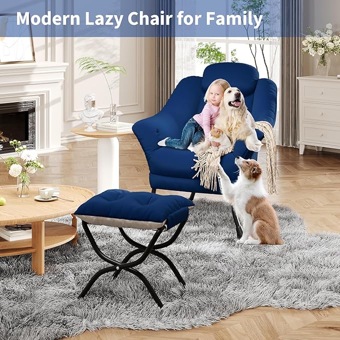 Lazy Chair with Ottoman - Modern Living Room Chairs for Small Spaces, Ergonomic Reading Chair with Armrests, Comfy Chair with Ottoman for Bedroom & Living Room, Blue