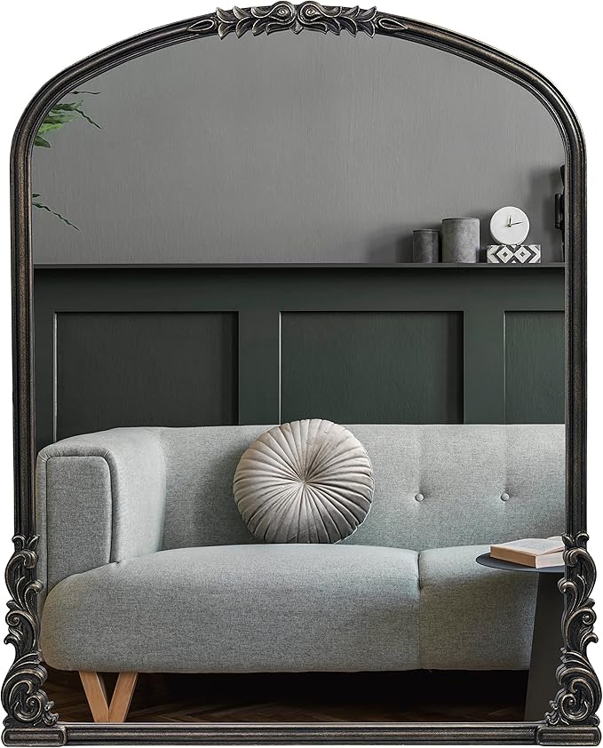 English Estate Carved Arch Wood Wall Mirror, Mirror for Entryway, Living Room, Bathroom, Antique Black, 28.4x35
