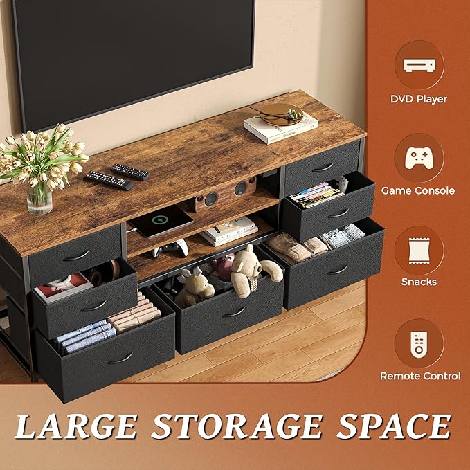 Huuger TV Stand Dresser with Power Outlets and LED Lights, 7 Drawers, 47 Inch Console, Rustic Brown and Black