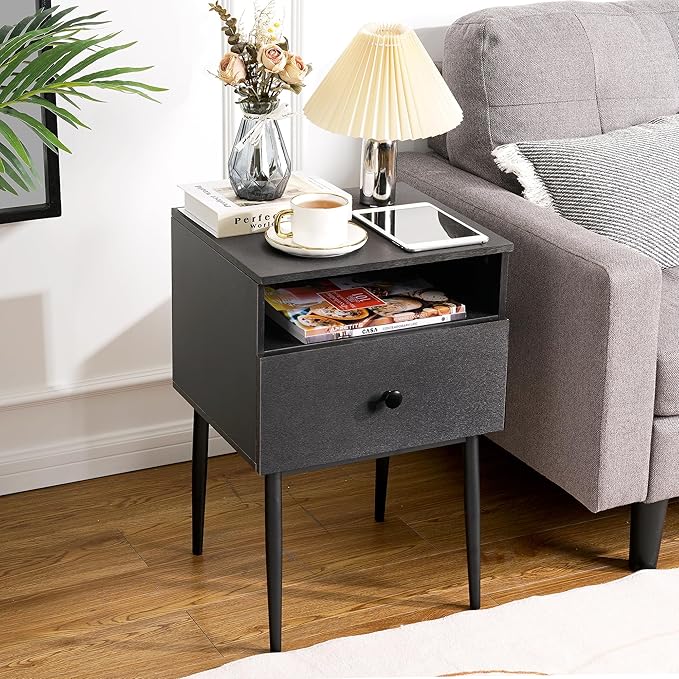 VECELO 2-Tier Nightstands Bedside Table with Storage Drawer and Open Wood Shelf, End Table for Living Room, Bedroom and Small Spaces, Night Stand with Metal Legs, Easy Assembly