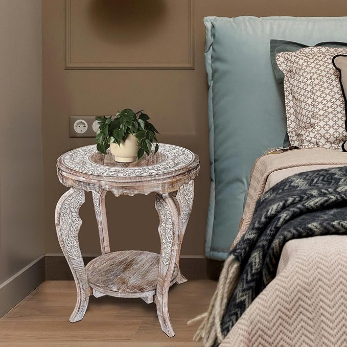The Wooden Town Farmhouse Round Accent End Table,Rustic Side Table Nightstands for Living Room Bedroom,Coffee Tables,Wood Tray Top,Handcrafted Finish, 18"x22" - White Wash