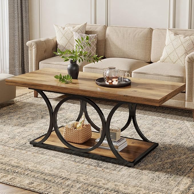 Tribesigns Rectangle Coffee Table, 47.24-inch Rustic Coffee Tables for Living Room, 2-Tier Farmhouse Wooden Coffee Table with Geometric Metal Legs, Home Furniture with Storage Shelf (Brown & Black)