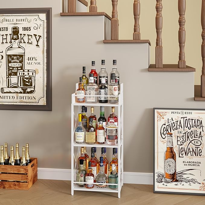 KLM Liquor Bottle Display Shelf, Liquor Cabinet bar for Home, 4 Step Liquor cabinetck, Mini bar,Liquor Cabinet, Home Retro Bar Shelf Stand for Liquor Whiskey, Spirits (White)