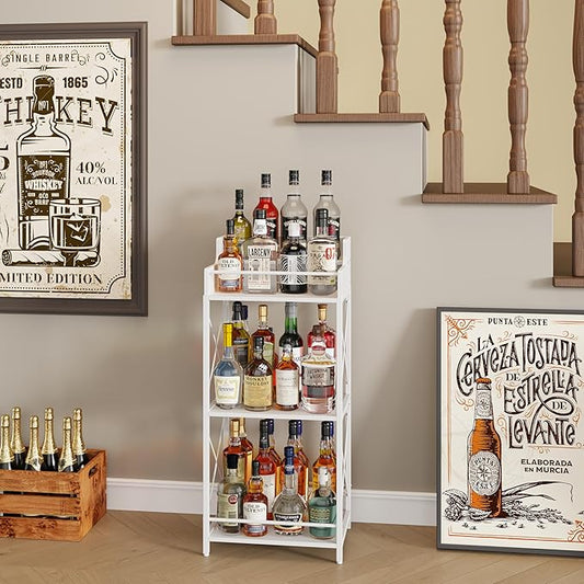 KLM Liquor Bottle Display Shelf, Liquor Cabinet bar for Home, 4 Step Liquor cabinetck, Mini bar,Liquor Cabinet, Home Retro Bar Shelf Stand for Liquor Whiskey, Spirits (White)