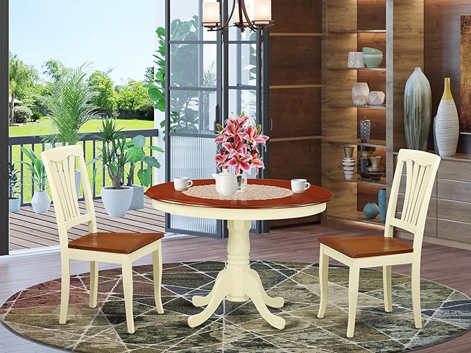 East West Furniture HLAV3-BMK-W 3 Piece Modern Dining Table Set Contains a Round Wooden Table with Pedestal and 2 Kitchen Dining Chairs, 42x42 Inch, Buttermilk & Cherry