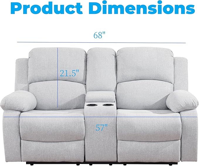 Loveseat Recliner Sofa, Reclining Loveseat Couch with Storage Console, Modern Comfy Home Theater Seating Power Recliner Chair with Cup Holders for Living Room Furniture Sets, Grey White