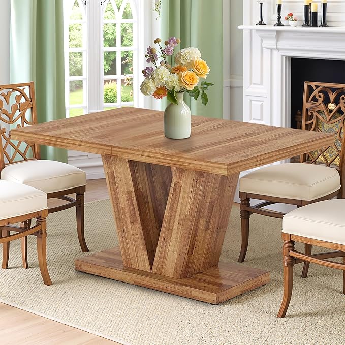 Dining Table for 4-6, 47" Farmhouse Dinner Table with with Wooden Tabletop and Heavy Duty Pedestal Wooden Rectangular Kitchen Tables for Dining Room, Kitchen, Living Room, Walnut Brown