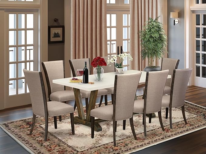East West Furniture V727VE703-9 9 Piece Kitchen Table Set Includes a Rectangle Dining Table with V-Legs and 8 Brown Linen Fabric Parson Dining Room Chairs, 40x72 Inch, Multi-Color