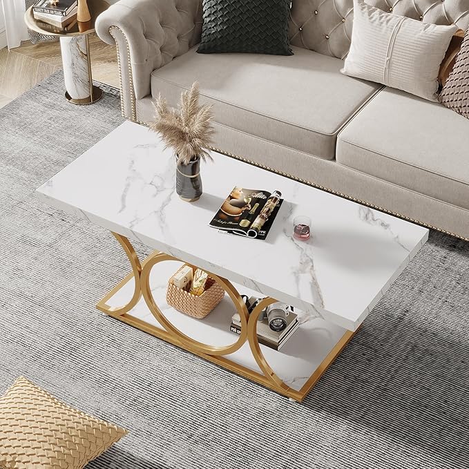 Tribesigns Rectangle Coffee Table, 46.45-inch Modern Coffee Tables for Living Room, 2-Tier Faux Marble Wood Coffee Table with Geometric Legs, Furniture with Storage Shelf (White & Gold)