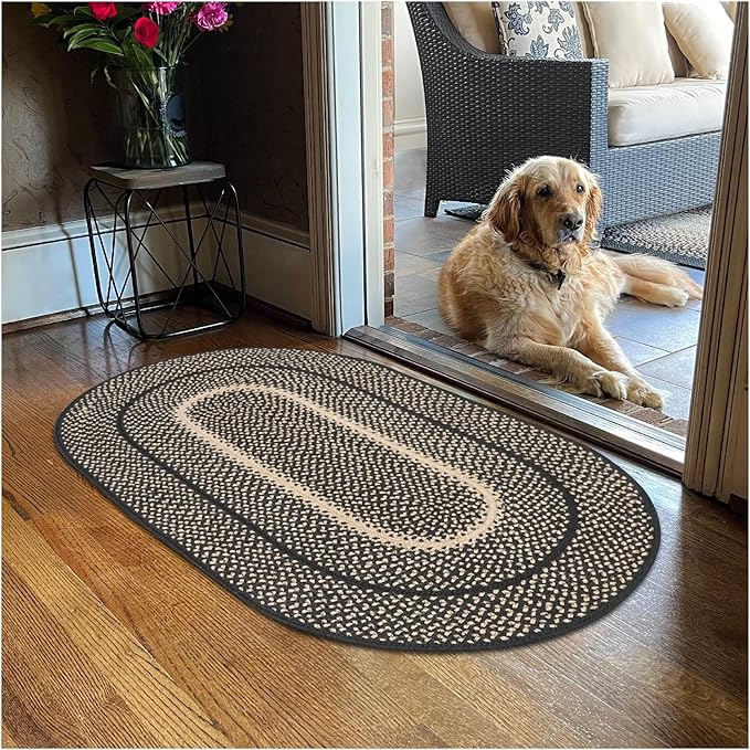 Homespice Manchester Braided Oval Rugs 20x30 - Black and Tan Jute Kitchen Rug for Country Primitive Decor