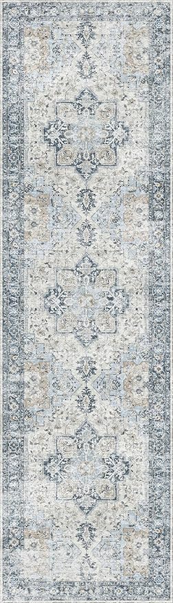 GENIMO Runner Rug 2x12, Non Slip Vintage Hallway Runner Rugs, Low Pile Lightweight Machine Washable Mat for Hallway, Entryway, Bedroom, Kitchen and Corridor, Blue