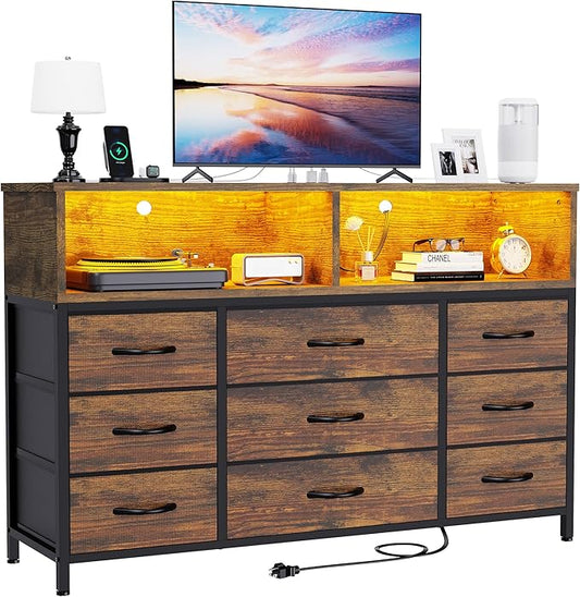 Dresser for Bedroom, Led Dresser TV Stand with Power Outlets and LED Lights, Long Fabric Dressers Wide Chest of Drawers with Large Organizer for Living Room, Entryway, Hallway,Rustic Brown