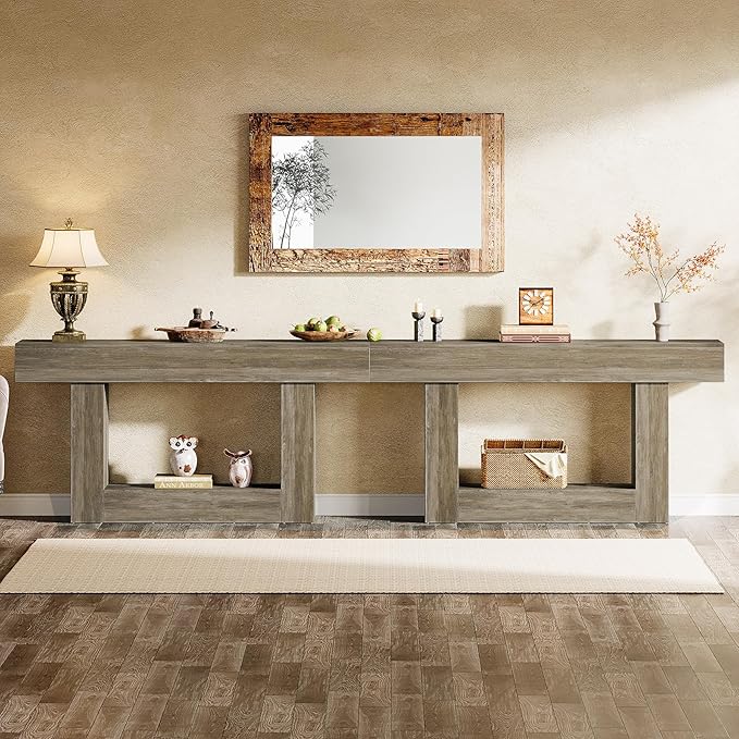 Tribesigns 63" Console Table, Farmhouse 2-Tier Entryway Table with U-Shaped Base, Narrow Long Wood Sofa Table Behind Couch Table for Living Room, Hallway, Foyer, Light Gray