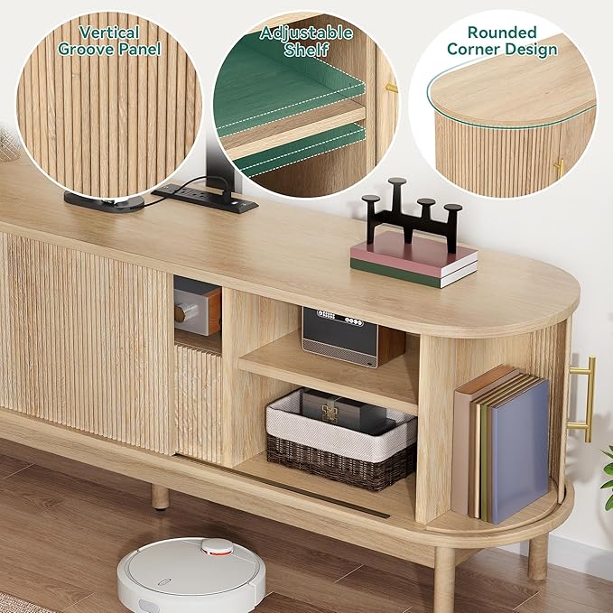 YITAHOME Fluted TV Stands for Living Room with Mount, Modern LED Entertainment Center for 75 Inch TVs, Curved TV Stand with Power Outlets & LED Light, Curved Profile Design, Natural Oak