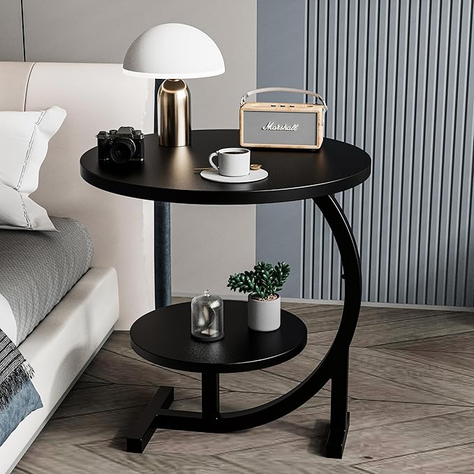 C-Shaped End Table,2 Tiers Round Side Table,Sofa Small Side Table for Living Room, Bedroom,Bedside Small Space,Black