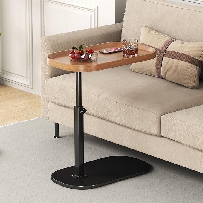 C Shaped Side Table Adjustable Height, 360°Swivel C Shaped End Table, Couch Side Tables That Slide Under, Small Coffee C Table End Table for Sofa/Bed/Bathtub, Rotating Elevate Tabletop (Wood)
