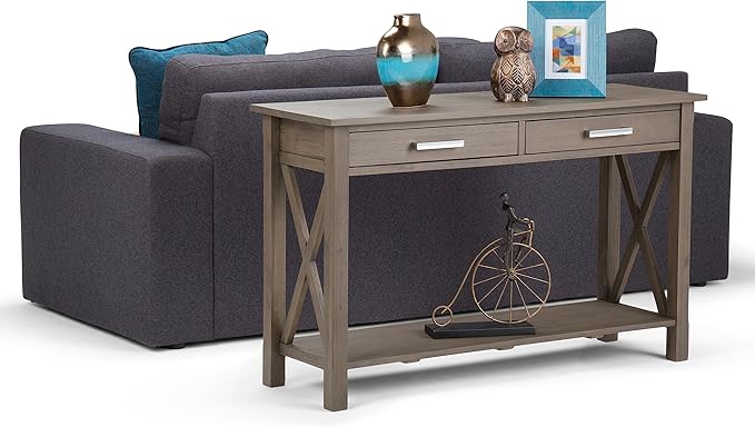 SIMPLIHOME Kitchener Console Table - 47 Inch Wide Solid Wood Sofa Table in Farmhouse Grey, Contemporary Storage Table for Entryway or Living Room with 2 Drawers, Bottom Shelf, and X-Design Side Panels
