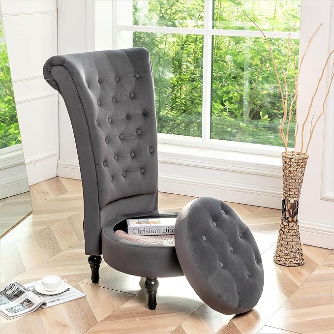 Container Furniture Direct Royal High-Back Velvet Accent Chair for Vanity with Storage and Luxurious Upholstery, Retro Design and Versatile Usage for Livingroom, Bedroom, Lounge and Office, Grey