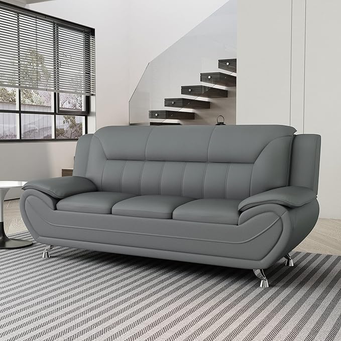 Container Furniture Direct Michael Modern Faux Leather Upholstered Stainless Steel Legs Living Room Sofa, Sleek Gray