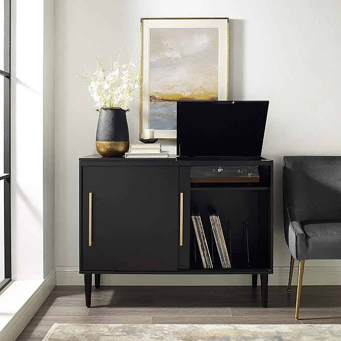 Crosley Furniture Everett Media Console and Record Player Stand with Storage for Vinyl Records, Matte Black
