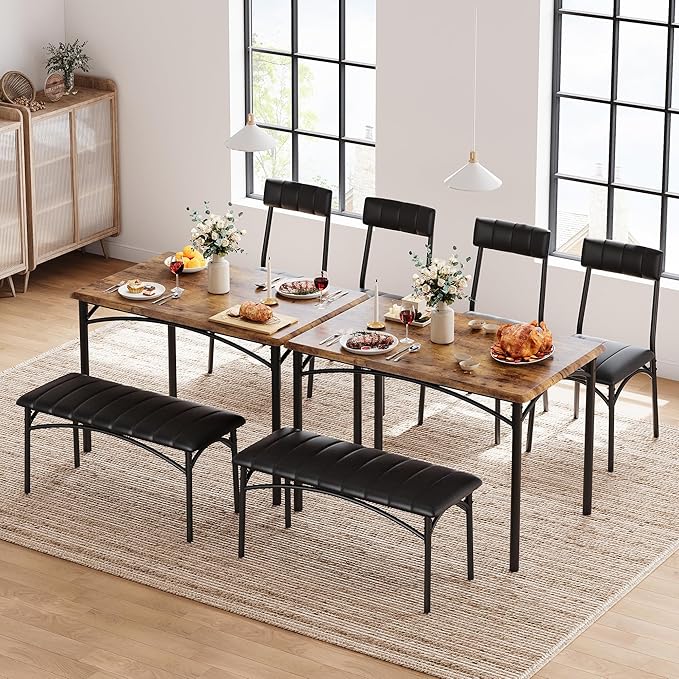Dining Table Set for 4, Small Dining Table Set with Upholstered Bench and 2 Chairs, Kitchen Table and Chairs for 4, for Small Space, Apartment, Dinner, Rustic Brown