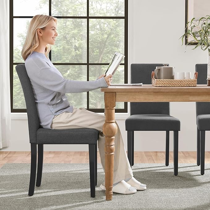 Yaheetech Dining Chairs Set of 2 Fabric Upholstered Parson Kitchen Chairs with Padded Seat and Solid Wood Legs for Dining Room/Restaurant, Dark Gray