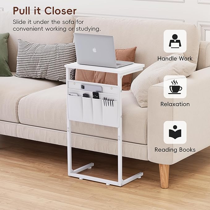 Vagusicc C Shaped End Table, 28'' Tall Side Table for Couch Recliner, Small Couch Side Table, Tall Couch Desk Slide Under Sofa Table TV Tray Arm Tables with Metal Frame for Living Room, Bedroom, White