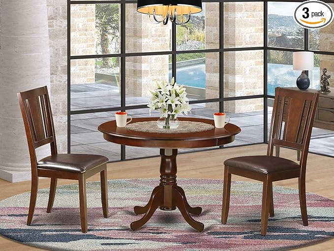 East West Furniture HLDU3-MAH-LC 3 Piece Dining Table Set for Small Spaces Contains a Round Dining Room Table with Pedestal and 2 Faux Leather Upholstered Chairs, 42x42 Inch, Mahogany