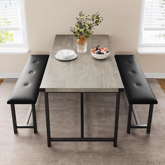 Dining Table Set for 4, Kitchen Table with 2 Upholstered Benches, 3-Piece Dining Room Set for Kitchen, Apartment and Small Spaces, Gray