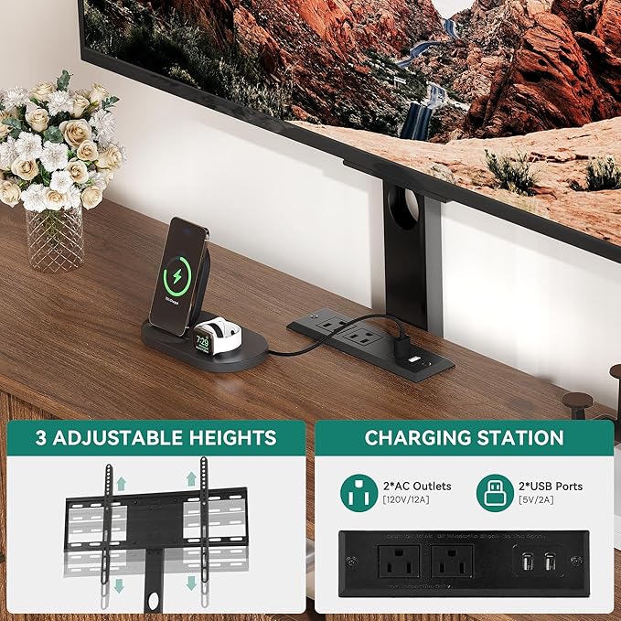 YITAHOME TV Stand with Mount and Power Outlet, Modern Entertainment Center with 3 Height Adjustment TV Mount for 32-70 inch TVs, LED Fluted TV Media Console with Sliding Doors, Curved Profile Design
