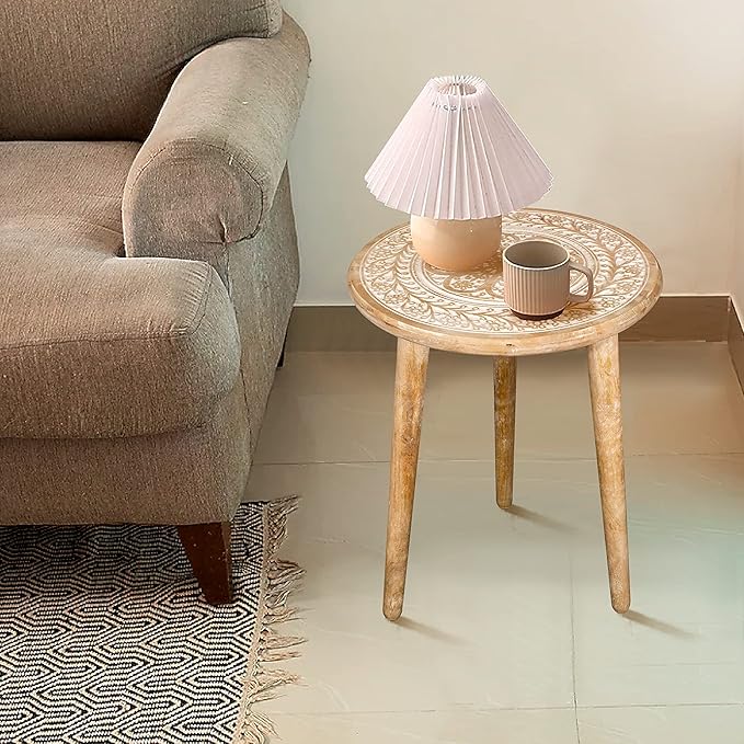 Wooden Table with 3 Legs Pillar, Carving End Tables, Round Coffee Tables, Entryway Table, Coffee Table for Livingroom, Books and Plants - 18"x22" - White Wash