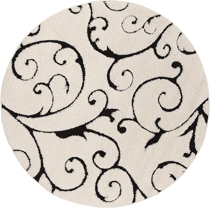 SAFAVIEH Florida Shag Collection Area Rug - 5' Round, Ivory & Black, Scroll Design, Non-Shedding & Easy Care, 1.2-inch Thick Ideal for High Traffic Areas in Living Room, Bedroom (SG455-1290)