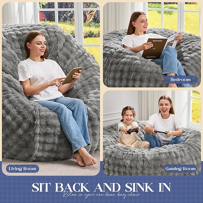 Hobestluk Bean Bag Chairs 3ft Beanbag Chair with Filler Adult Bean Bags with Fluffy & Machine Washable Cover, Giant Bean Bag Chairs for Adults (Grey, 3FT-36" x 36" x 22")