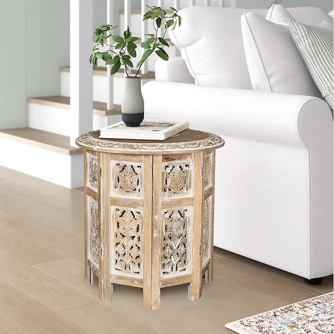 Lightnpro Hand Carved Solid Mango Wood Octagonal Accent Table - 18"×18" White Wash Farmhouse Vintage Home Décor Round End Table for Living Room, Bedroom, Entryway - Rustic Boho Side Table