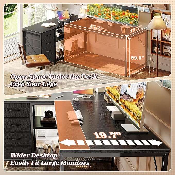 PRAISUN 61" L Shaped Desk with Power Outlets and USB-C Port, Reversible Computer Corner Office Desk with 4 Fabric Drawers and 2 Height-Adjustable Shelves, Large for Gaming Writing Work Study，Black